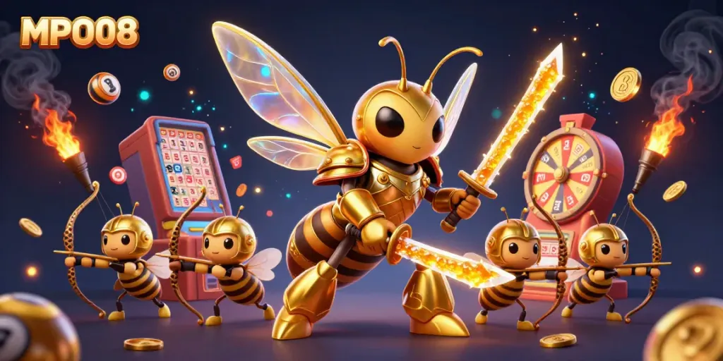 MPO08 showcases a vibrant lottery action scene with a golden hornet in samurai armor and bee archers in a rich gambling environment.