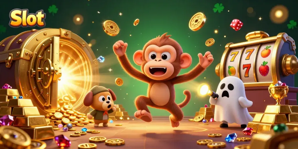 Experience thrilling Slot action with a mischievous monkey and ghost-hunter puppy in a vibrant casino.