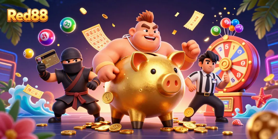 Engage with Red88's vibrant casino experience featuring colorful lottery elements and dynamic characters.