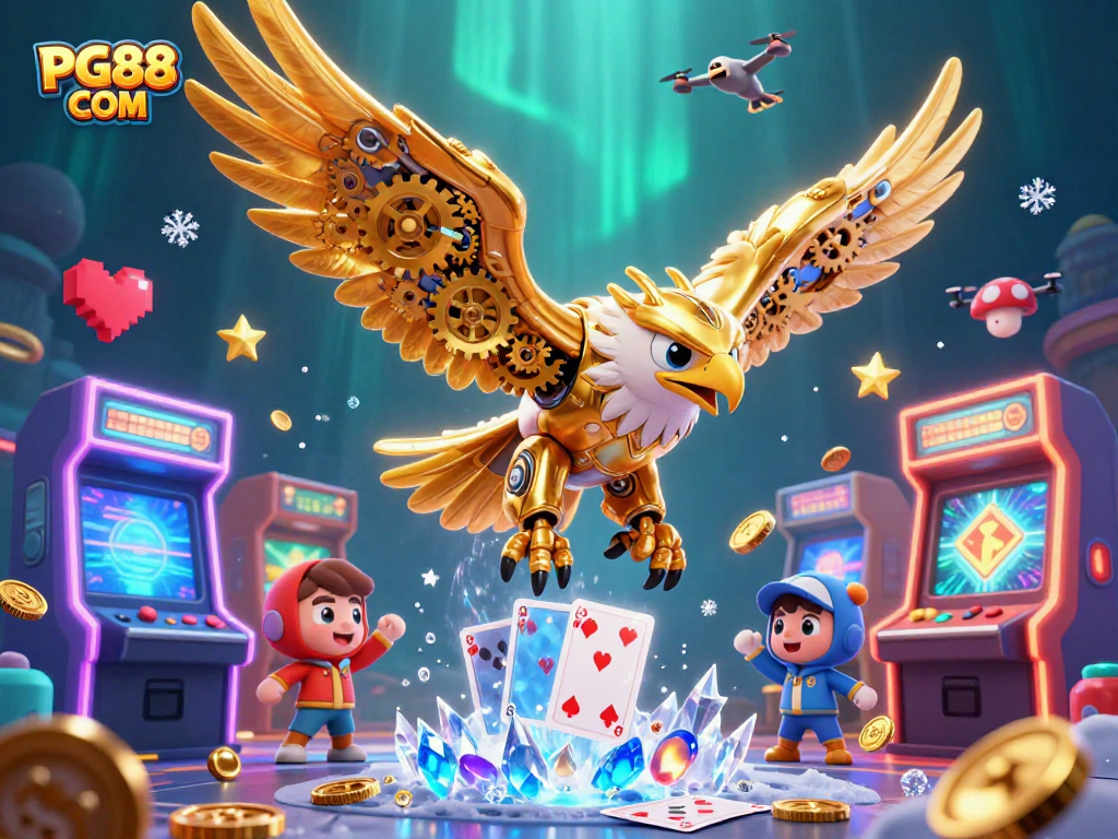 Experience the thrill of PG88 COM with a vibrant 3D golden eagle amid dazzling casino elements.