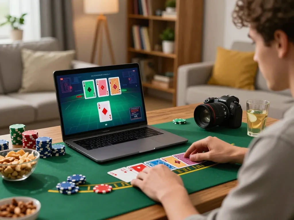 Engaging player explores blackjack strategies with 789bet at home, showcasing cards and chips.