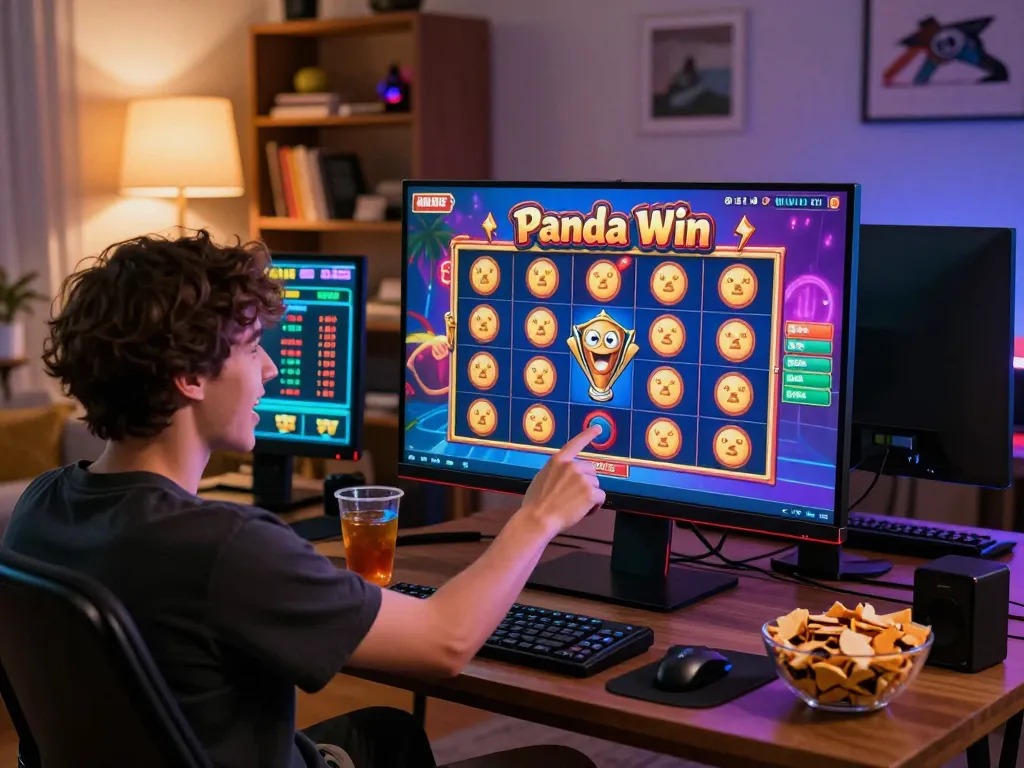 Pengalaman bermain Panda Win dengan antarmuka slot yang penuh warna dan pengaturan rumah yang menenangkan