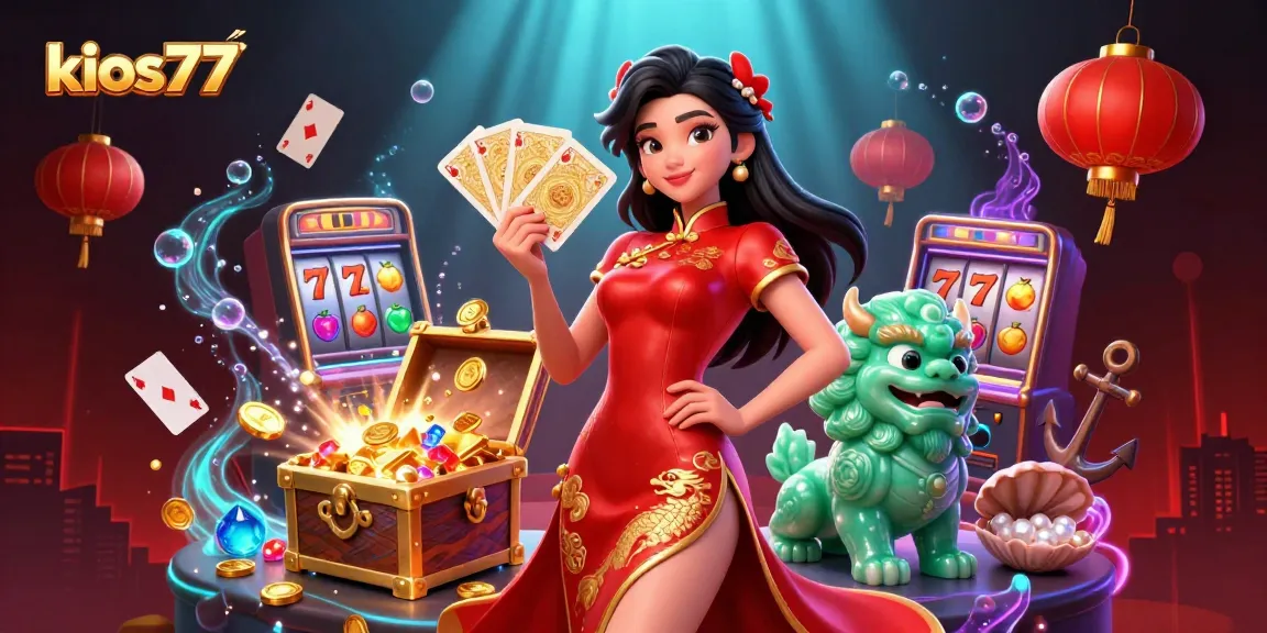 Experience the excitement of kios77 with a dynamic casino scene featuring vibrant characters and slot elements.