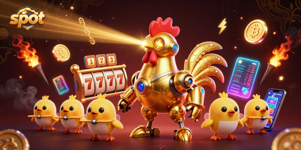 Spin the reels in a vibrant 3D slot scene featuring a golden rooster robot and baby chick drones.