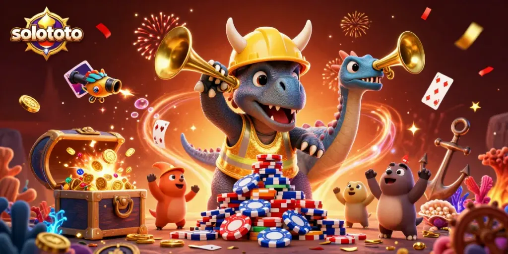 Solototo memberikan energi meriah dengan triceratops membangun tumpukan chip poker di tengah perayaan.