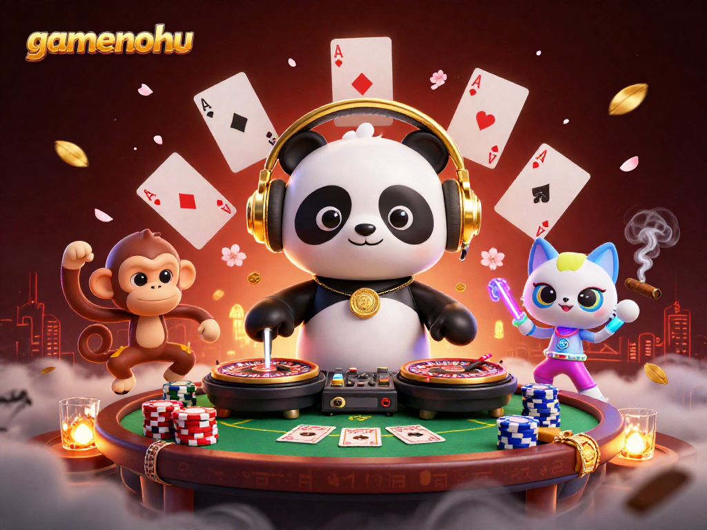 Experience excitement with gamenohu in an ultra-detailed 3D casino scene featuring vibrant characters.