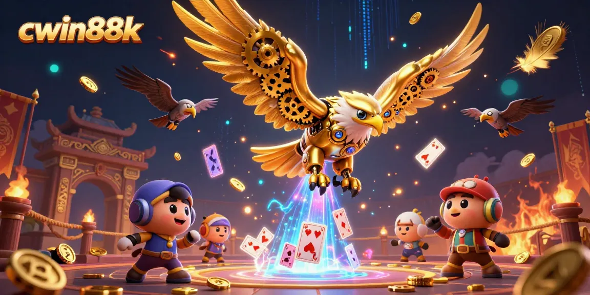 Experience thrilling games with cwin88k, featuring a cybernetic eagle soaring amidst vibrant casino action.