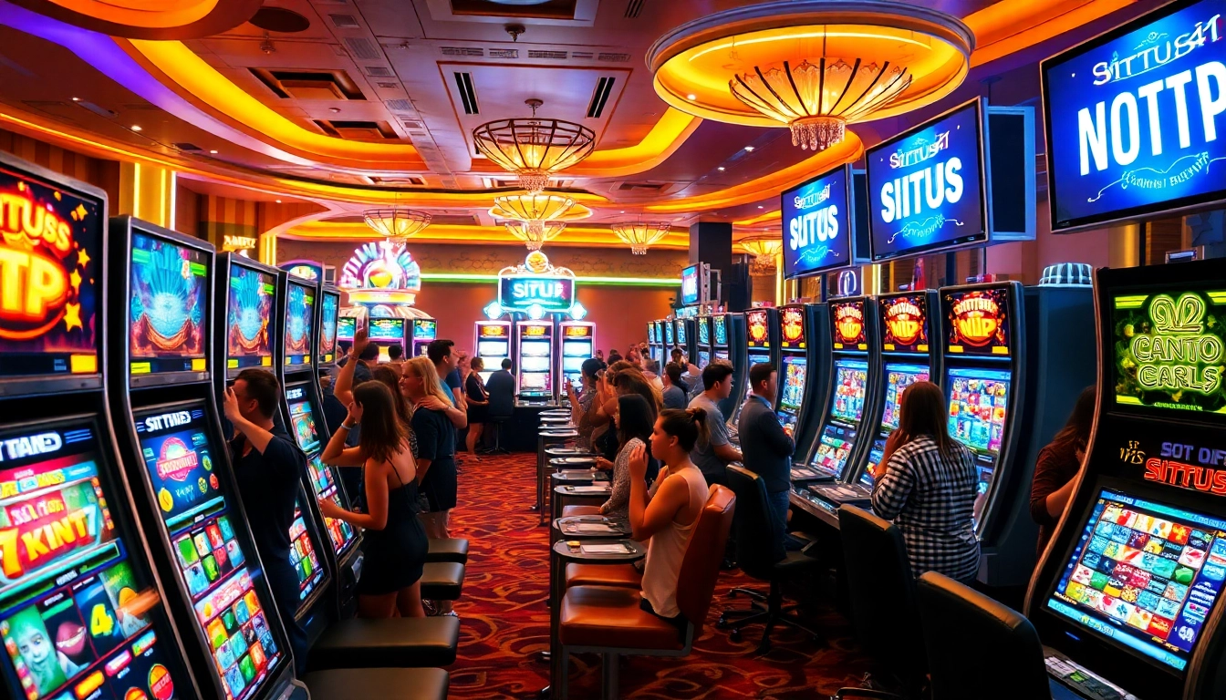 Players enjoying the situs11 slot machines in a vibrant casino atmosphere filled with excitement.