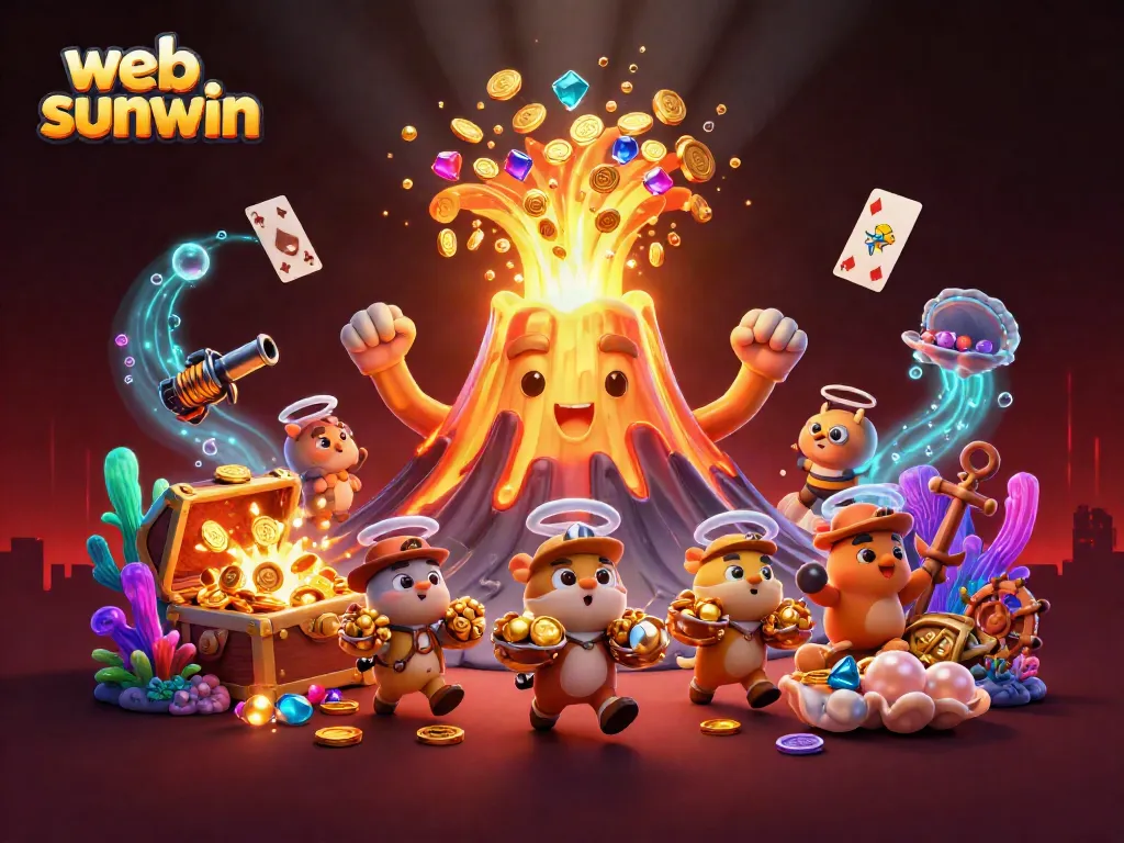 Experience the thrill of web sunwin with a 3D volcano erupting treasure, surrounded by gaming elements.