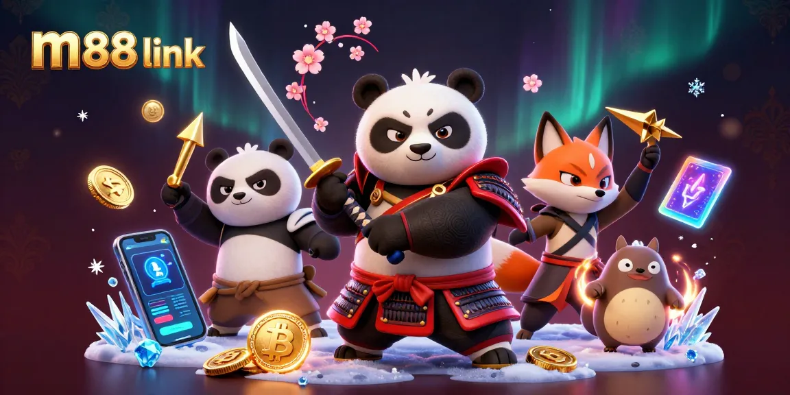 Gambarkan aksi seru di m88 link dengan karakter samurai panda dan ninja fox ditambah elemen cryptocurrency.