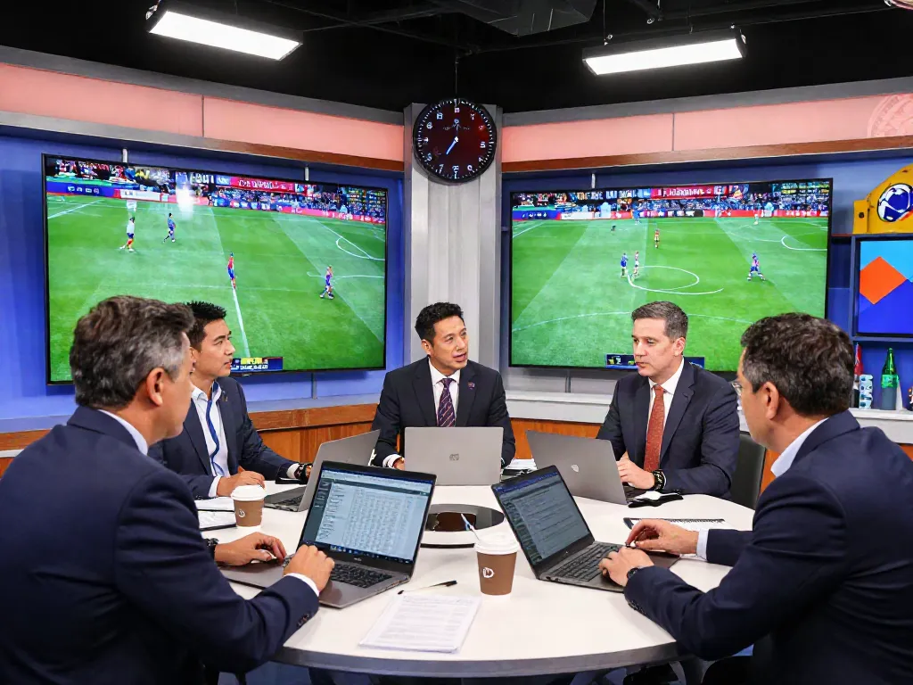Analisis olahraga jebolwd di studio dengan ahli berbicara tentang strategi pertandingan.