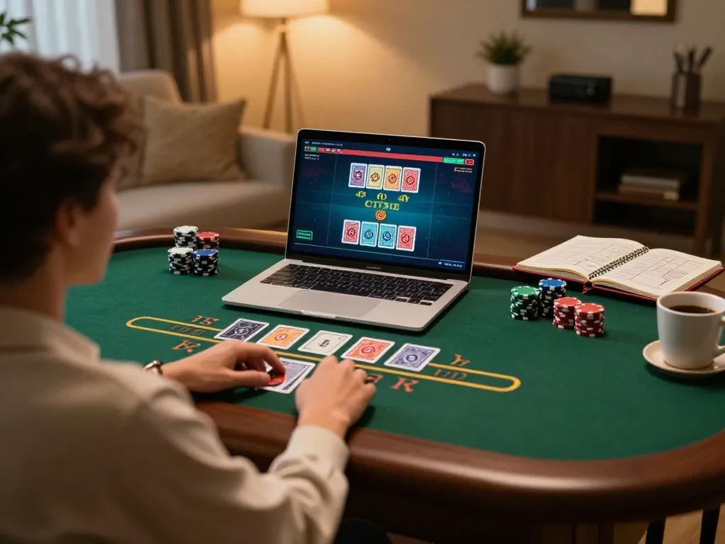 Player strategizing a blackjack game on 98win vin while relaxing at home, enhancing gaming experience.