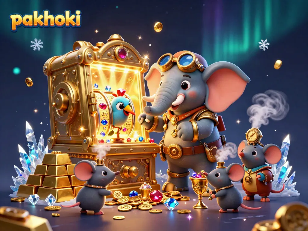 PAKHOKI menghadirkan pemandangan memukau dengan karakter gajah steampunk yang mengoperasikan mesin slot berkilau.