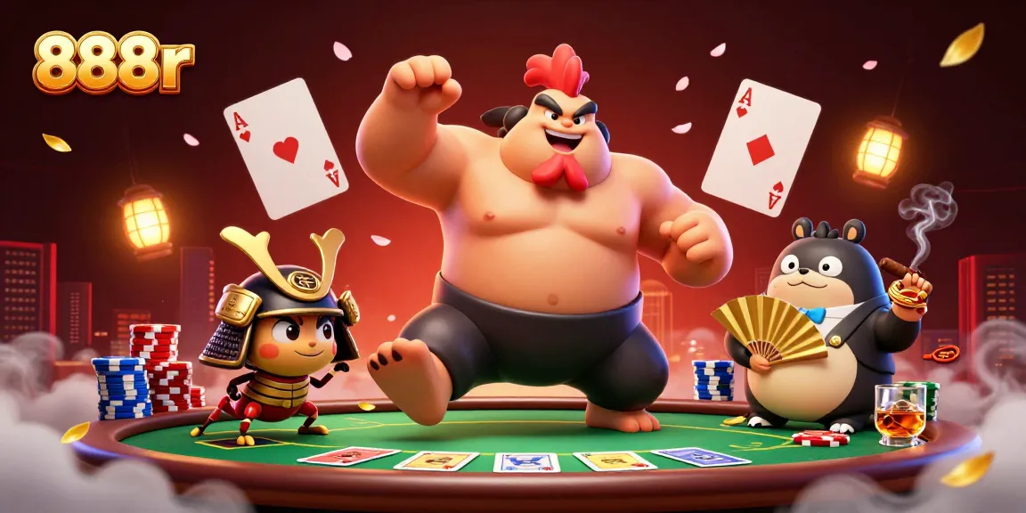 Engage with the excitement of 888r as a powerful sumo rooster and fierce samurai cricket battle at a dynamic poker scene.