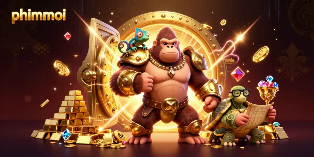 Engage with phimmoi, where a gorilla king in armor celebrates big casino wins surrounded by treasures.
