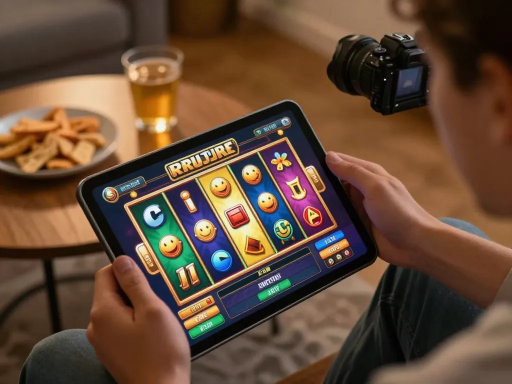 Engaging slot demo gaming session with colorful reels displayed on tablet screen at home.