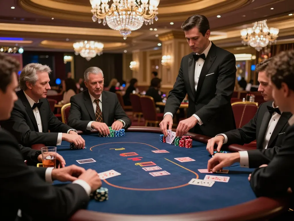 alfa138 players enjoying intense poker games in a luxurious Las Vegas casino, elegant decor enhancing the atmosphere
