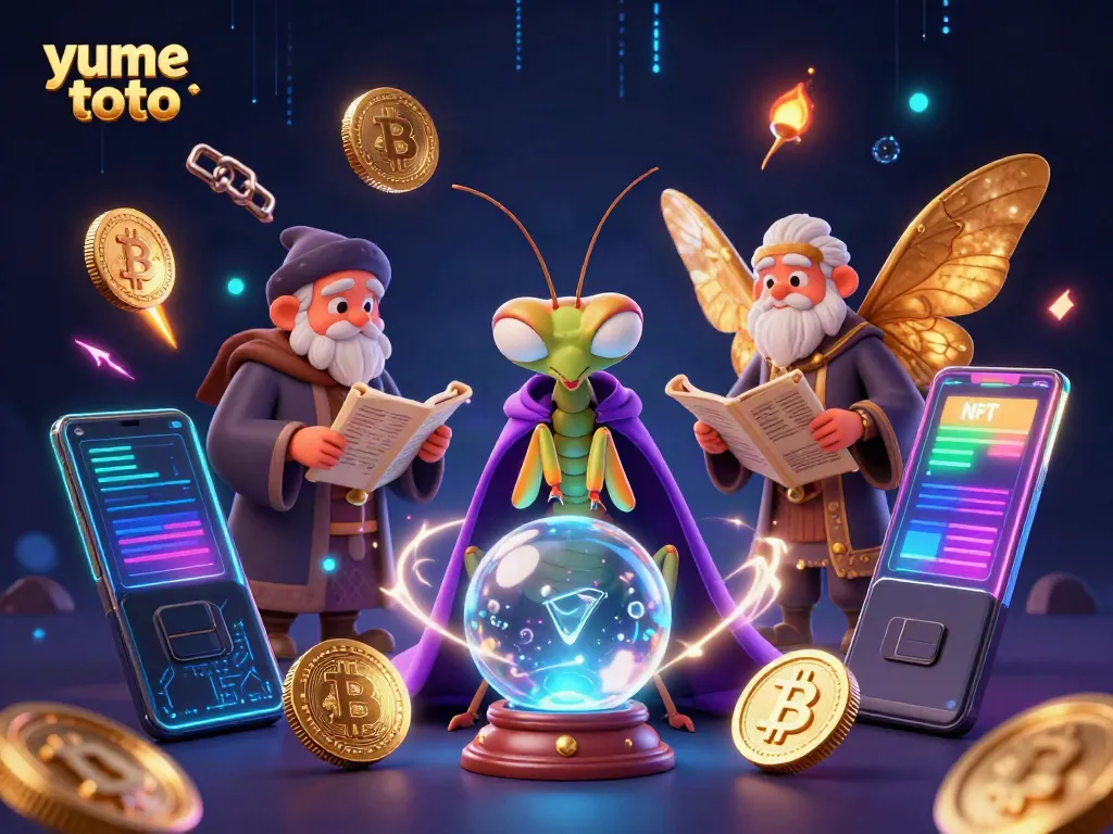 Experience Yume Toto's gaming magic with a colorful scene of fortune tellers and cryptocurrency elements.