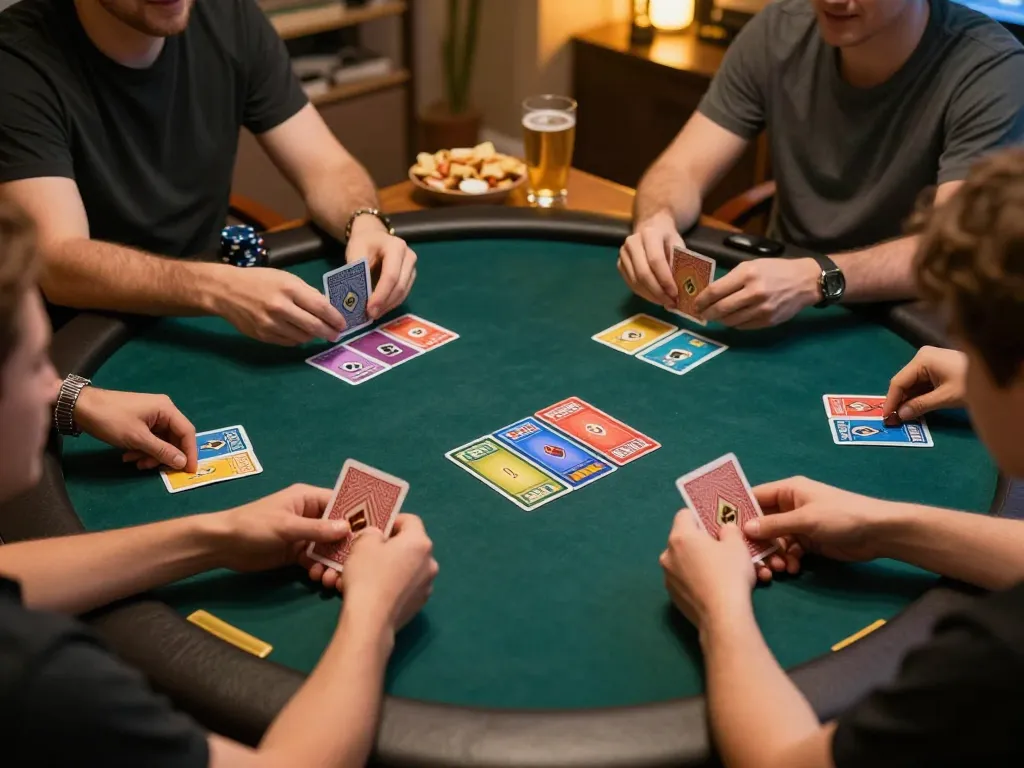 UGDEWA players enjoying an online poker game with vibrant digital interface in a cozy home setting.