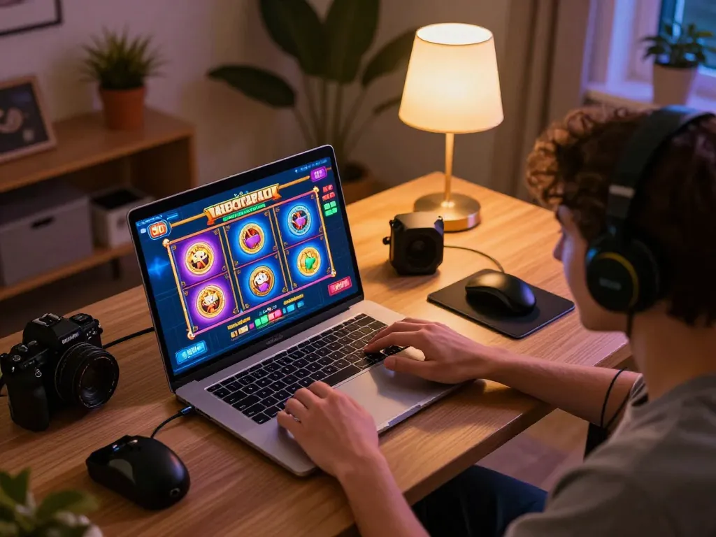 Engaged player enjoying slot thailand games online, pressing spin button in a cozy home office setup.