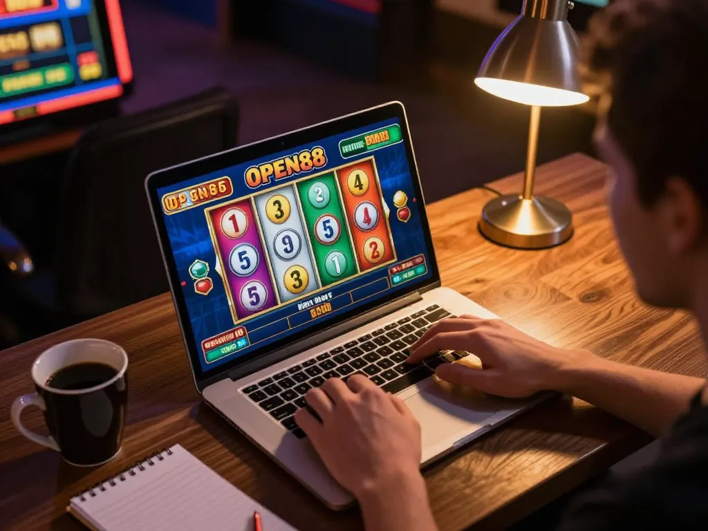 Player engaging in online slots on OPEN88, showcasing an immersive gaming experience with colorful reels and cozy ambiance