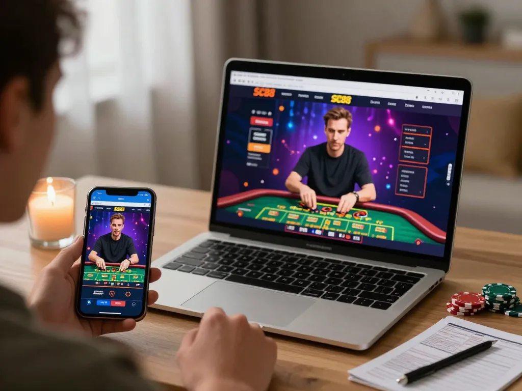 SC88 players engaging in an online casino game on mobile and laptop, showcasing strategic gameplay.