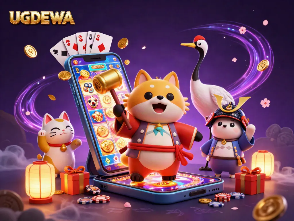 Spin dynamic slot games with UGDEWA and cheerful tanuki holding a lucky mallet in vibrant illustration.
