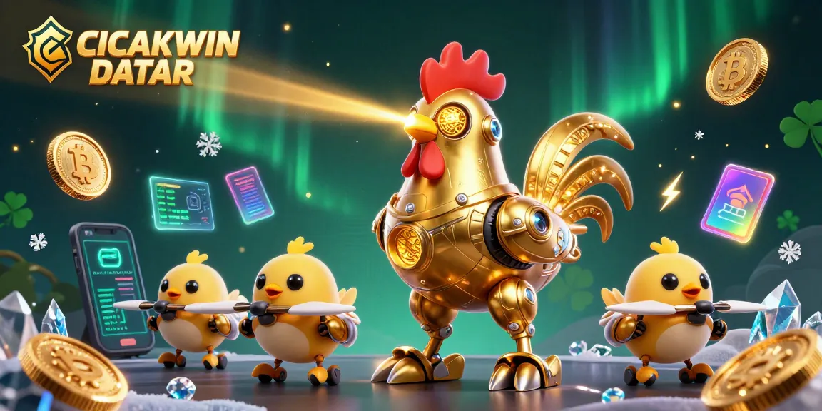 CICAKWIN DATAR mempersembahkan ilustrasi 3D dari robot ayam emas futuristik dan drone ayam kecil di tengah permainan kasino.