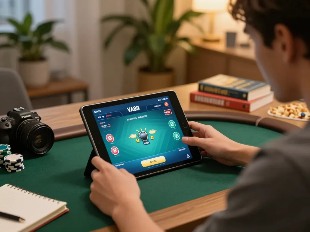 Player strategizing on VA88 poker app in warm home environment, tablet and notebook visible.
