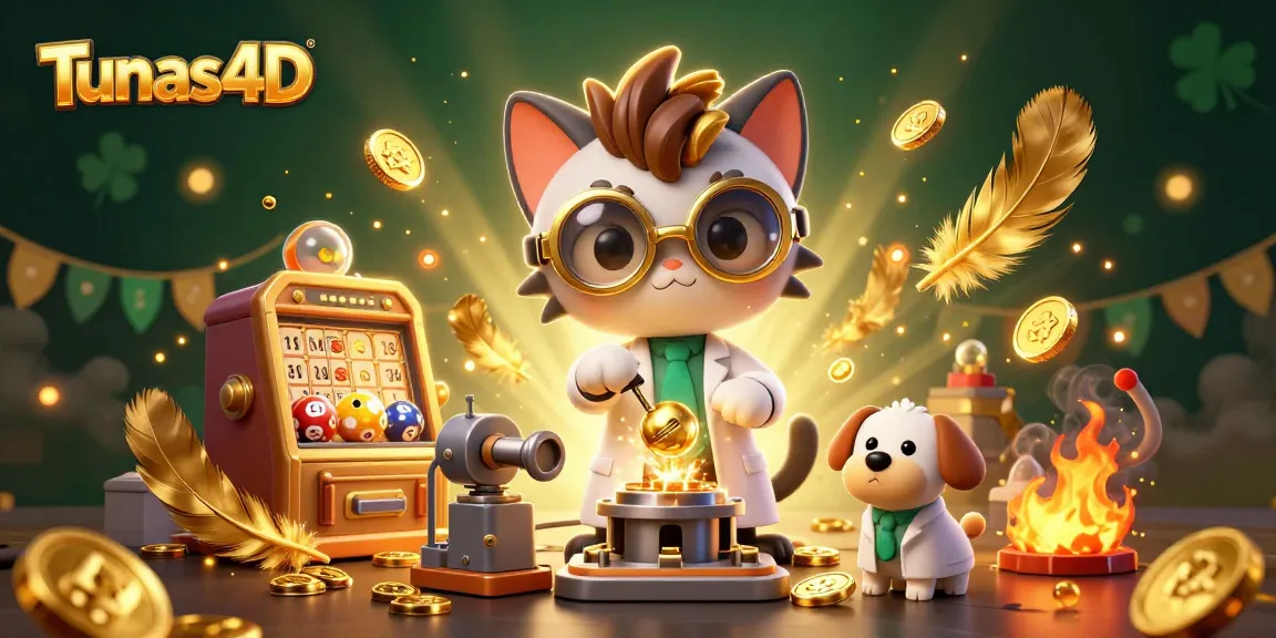 Tunas4D menyajikan momen menang dalam permainan lotere dengan karakter kartun ilmuwan kucing dan asisten anjingnya