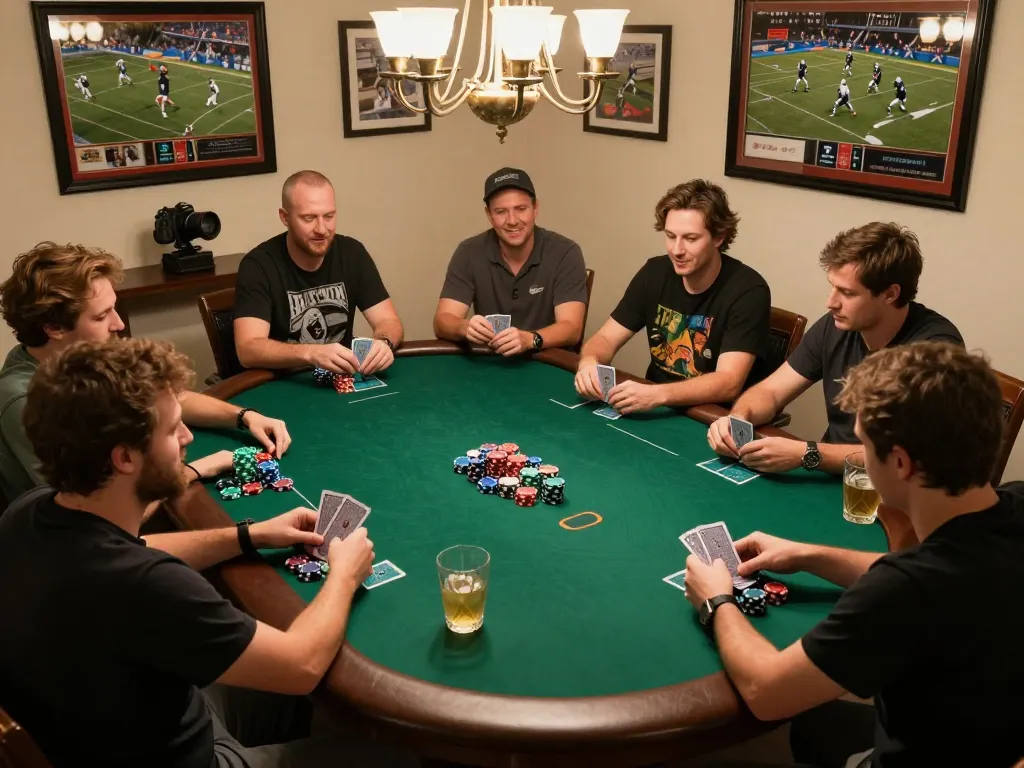 LIGA2000 players engaging in intense online poker with strategic gameplay during a home game night