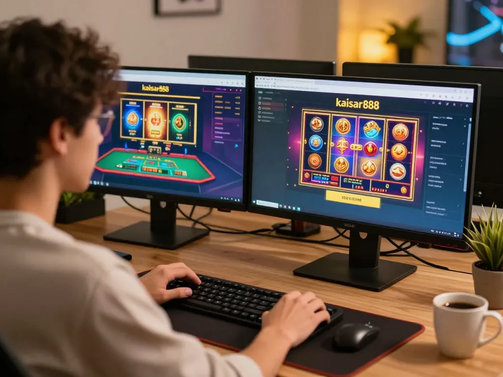 Engaging moment of a player on kaisar888 login platform with dual screens showing casino games at home