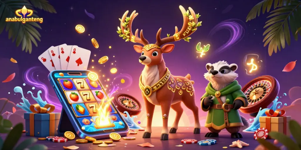 Anabulganteng memicu kemenangan di kasino dengan mesin slot berwarna-warni dan karakter 3D yang menarik.
