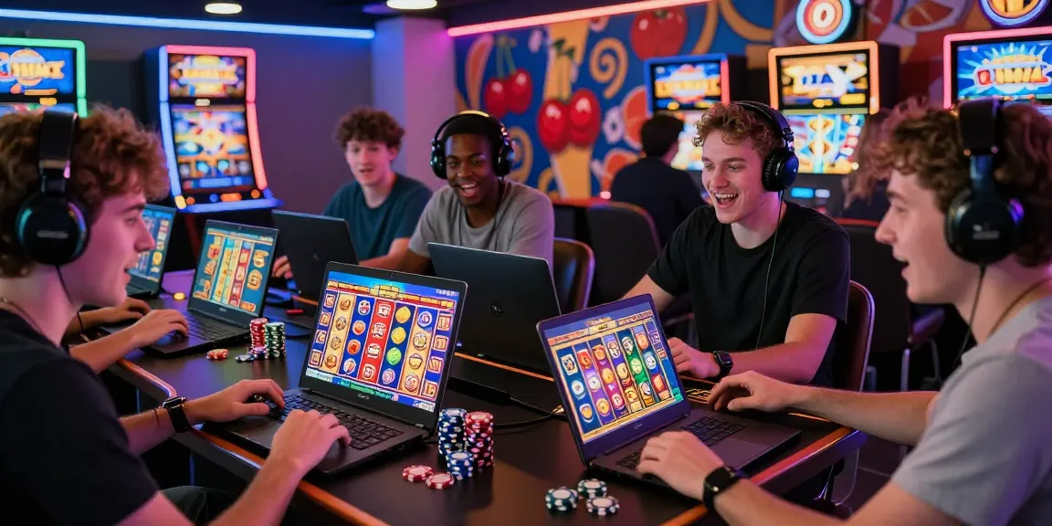 Excited players engaging with situs slot on laptops and tablets in a vibrant gaming room.