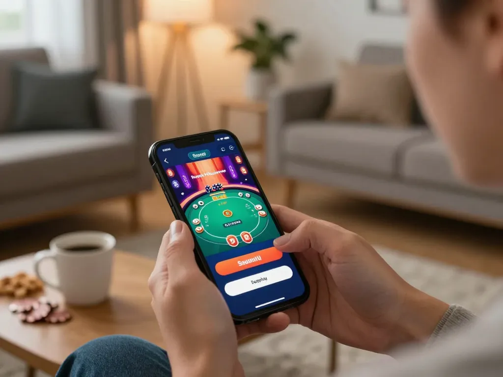 Terlibat dalam login Sepuhplay di smartphone, menampilkan permainan poker online di lingkungan rumah yang nyaman