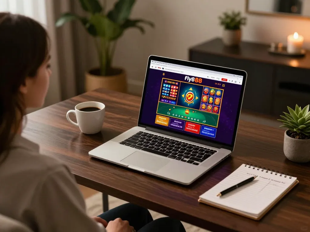 Experience immersive gameplay at fly888 with a cozy home setup showcasing online betting strategies.