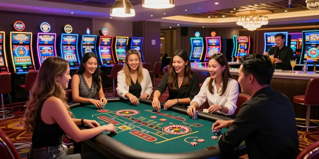 Exciting roulette table scene at Seribu Toto casino with friends enjoying gaming.