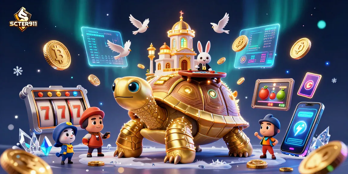Engage in betting action at SCATTER911 with a vibrant casino scene featuring a golden tortoise and dynamic game elements.