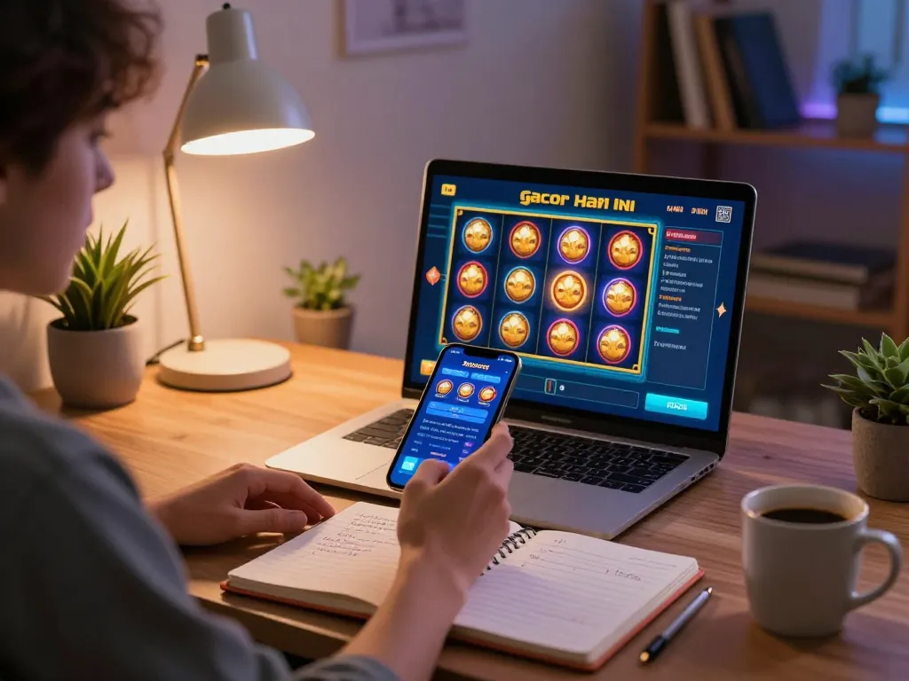 Permainan yang menarik di aplikasi mobile untuk slot gacor hari ini, menampilkan grafis slot yang cerah dan pengaturan rumah yang nyaman.