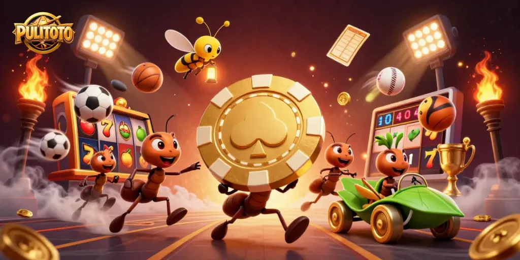 PULITOTO showcases a 3D cartoon heist scene with ants, a firefly, and a grasshopper amid vibrant casino elements.