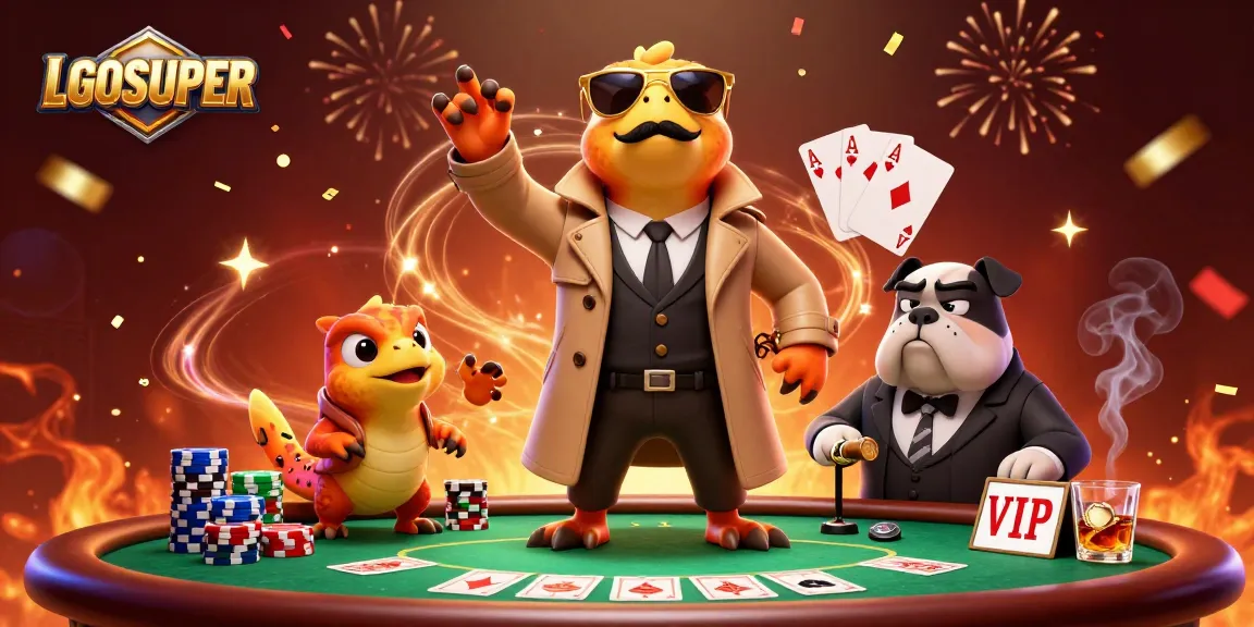 Raptors in trench coats attempt entry into LGOSUPER VIP lounge amidst vibrant casino chaos.