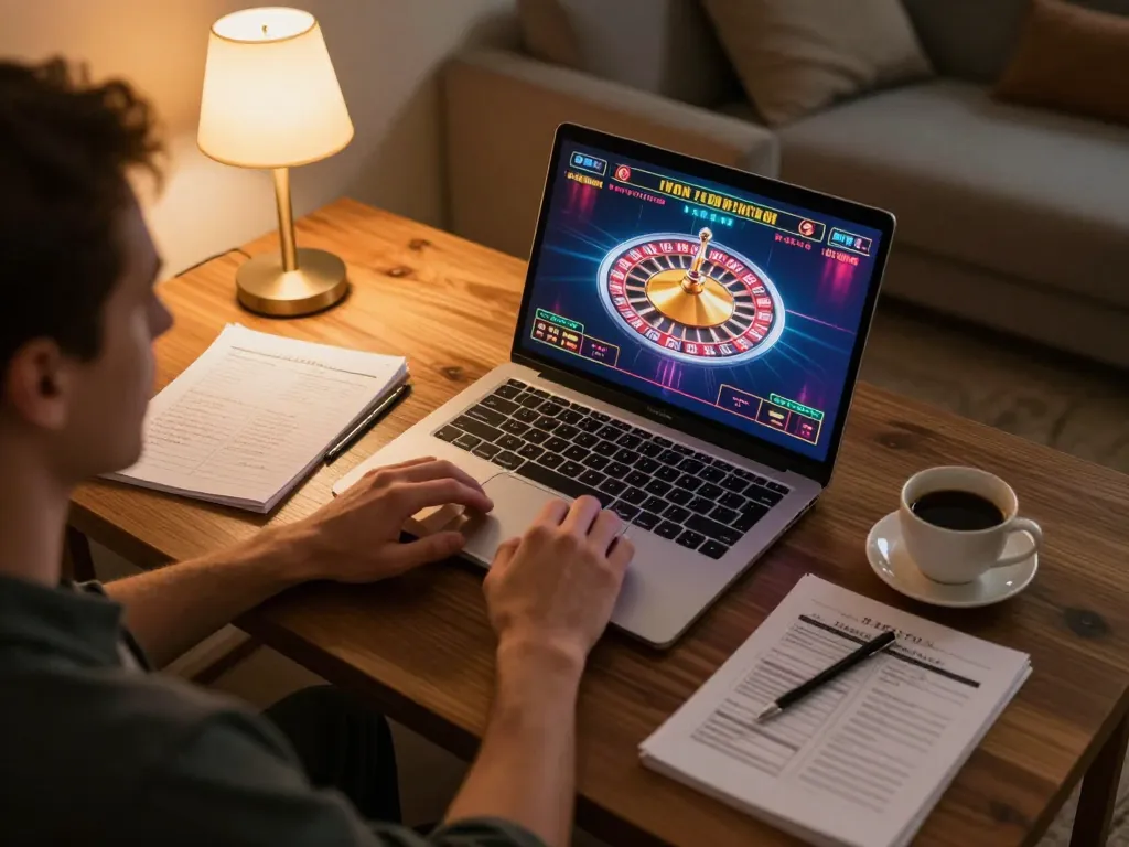 Player engaging with lc88 online casino game on laptop in a cozy home setting