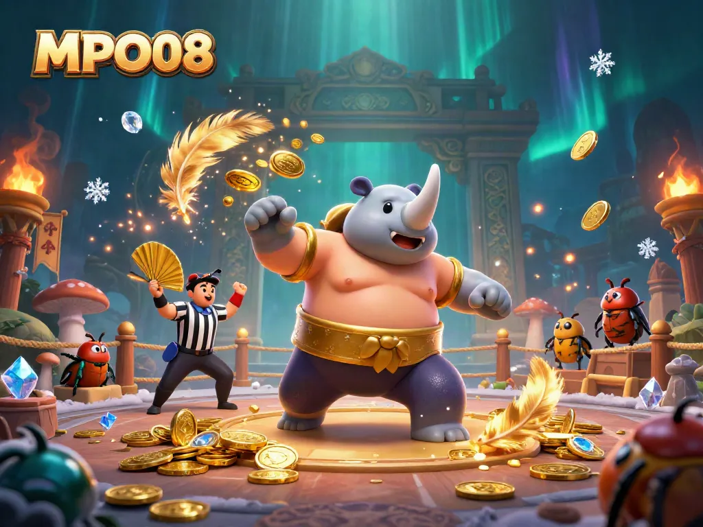 Engage in MPO08 themed casino fun with a vibrant beetle fighting scene full of coins and excitement.