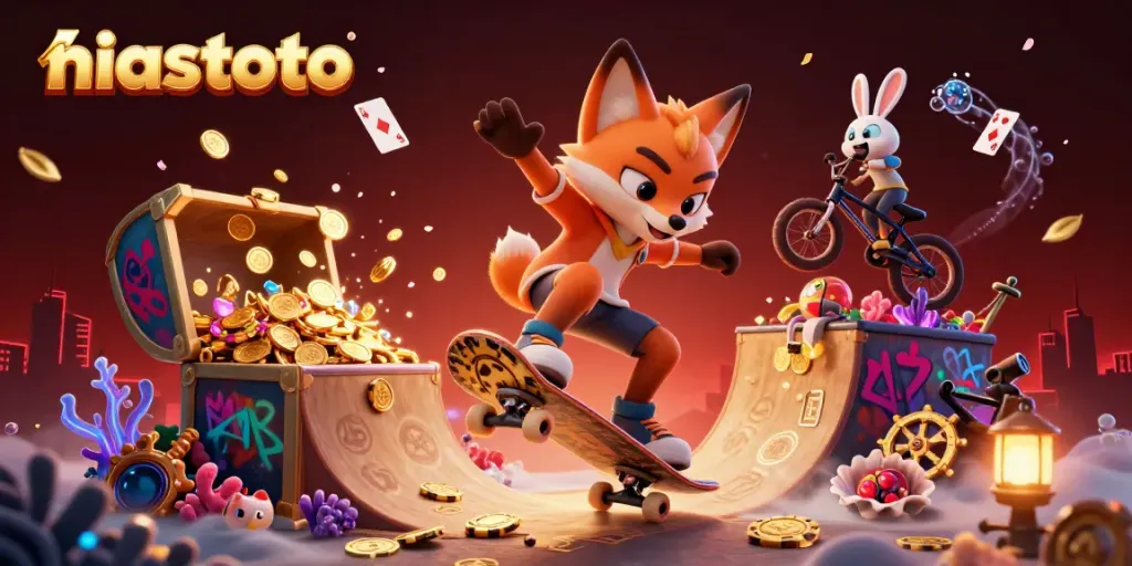Exciting scene of the niastoto brand with a fox skateboarder and rabbit BMX rider amidst lively casino elements.