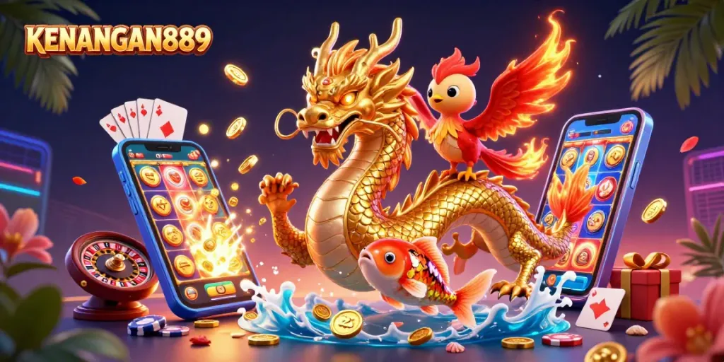 Win big with KENANGAN889 in this vibrant casino scene showcasing thrilling elements