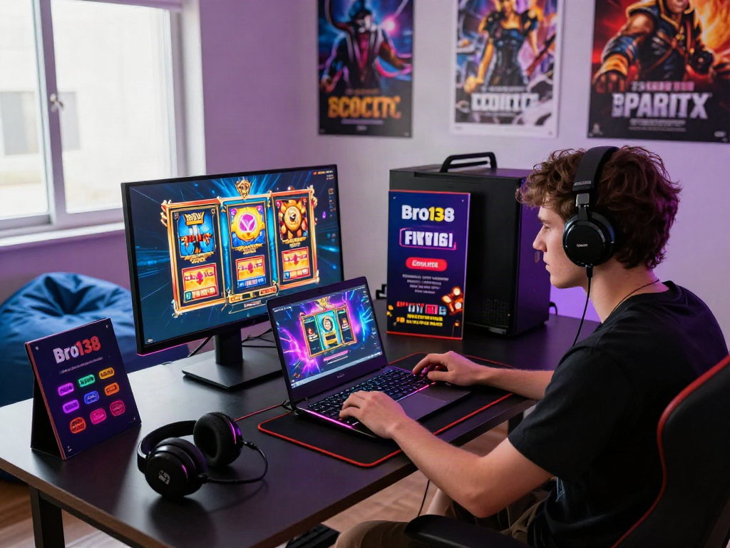 Engaged gamer logging into bro138 slot login on laptop, vibrant gaming setup.