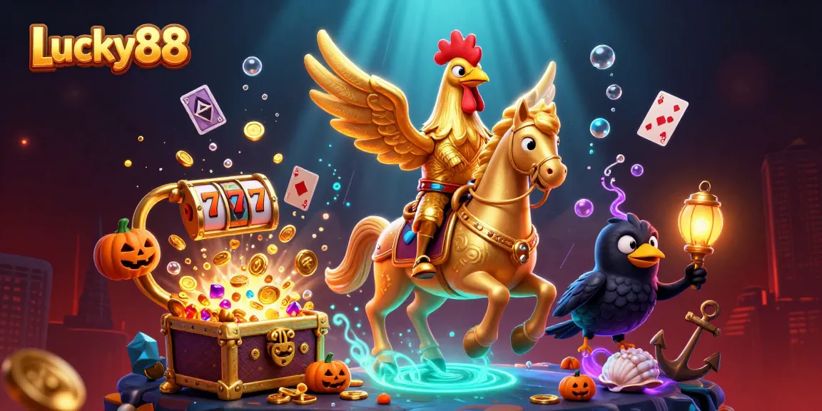 Experience the thrill of Lucky88 slot with golden rooster and dynamic casino elements.