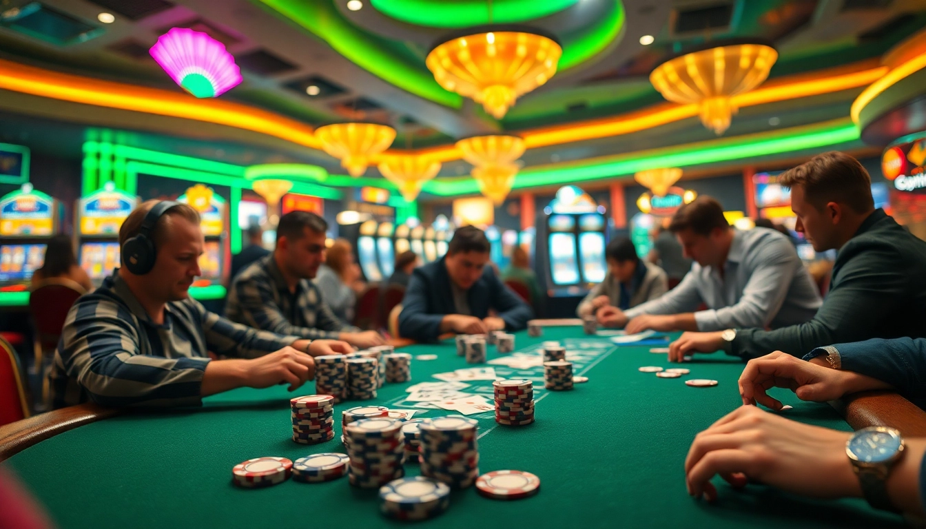 Bermain poker seru dalam suasana kasino tkp188 dengan pemain fokus dan suasana ceria.