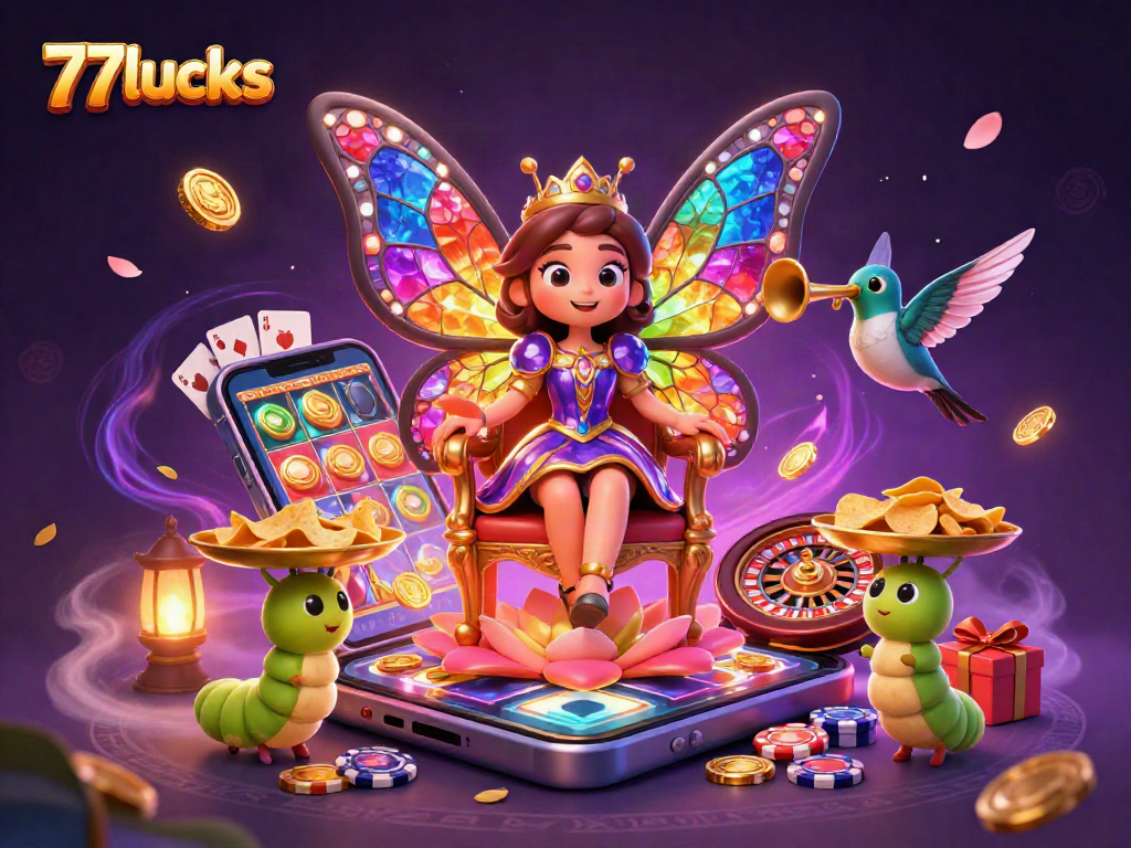 Menggugah semangat permainan di 77lucks dengan ilustrasi 3D ratu kupu-kupu dan elemen kasino.