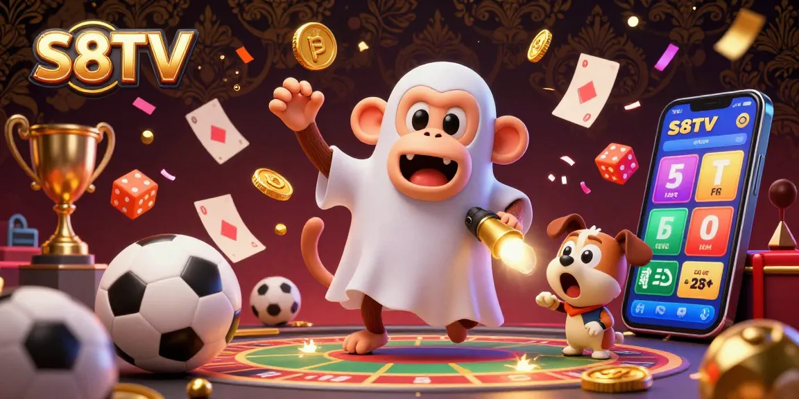 S8TV showcases an exciting scene of sports betting with a playful monkey and a curious puppy, enhancing engagement and excitement.